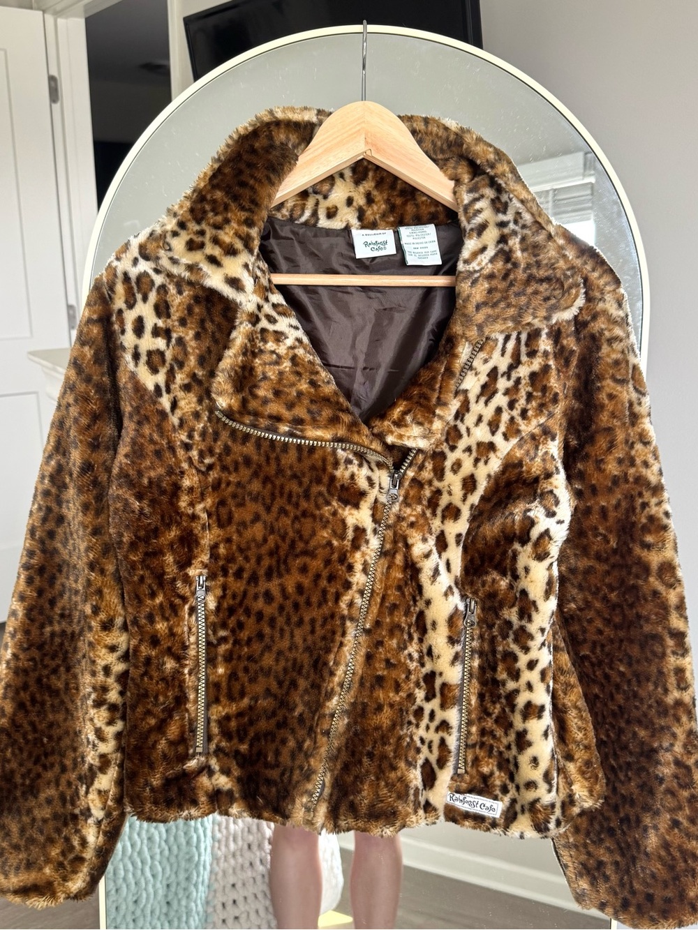 Vintage Rainforest Cafe Cheetah Leopard Faux Fur Moto Jacket